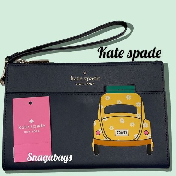 KATE SPADE NWT BEEP BEEP MEDIUM WRISTLET BLAZER BLUE VW BUG LEATHER - Picture 1 of 13